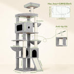 Globlazer Heavy Duty Cat Tree, 83 Inch Giant Cat Tower with 7 Scratching Posts, Multi-Level Large Cat Condo for Indoor Cats Large Adult, 2 Perchs, 3 Sturdy Hanging Baskets, Cat Toys, F83C, Light Grey