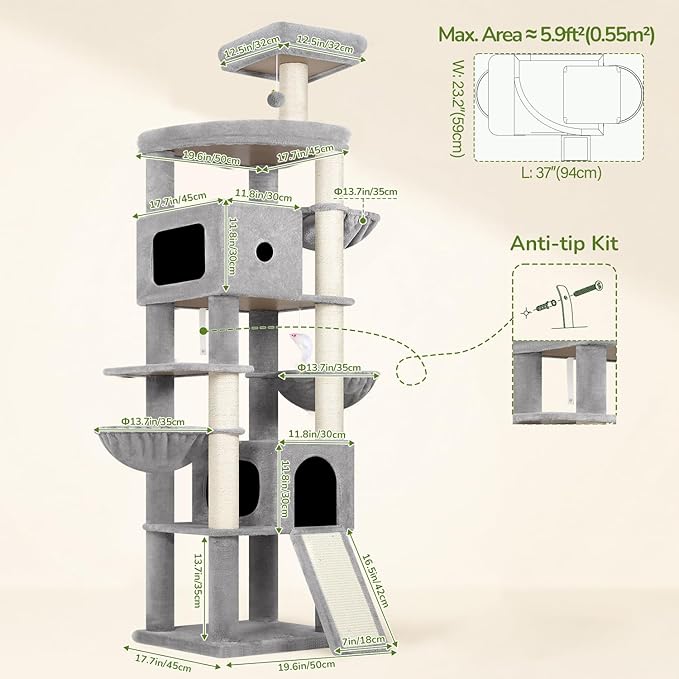 Globlazer Heavy Duty Cat Tree, 83 Inch Giant Cat Tower with 7 Scratching Posts, Multi-Level Large Cat Condo for Indoor Cats Large Adult, 2 Perchs, 3 Sturdy Hanging Baskets, Cat Toys, F83C, Light Grey