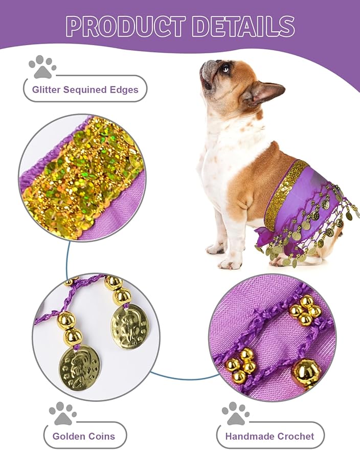 Dog Belly Dancer Costume - Puppy Outfit with Sequin Waist Chain & Hip-Shaking Skirt - Ideal for Corgi and Puppy Birthday Parties or Halloween Celebrations(Small,Purple)