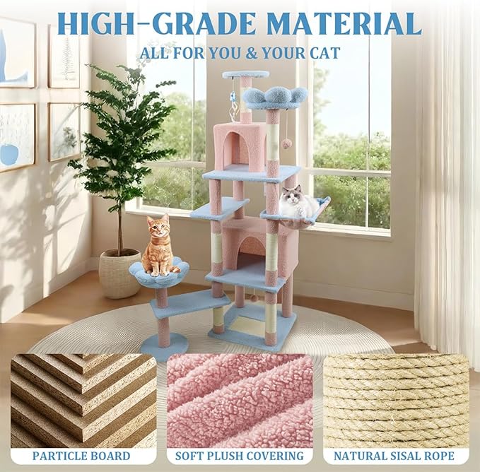 71" Flower Cute Cat Tree for Indoor Cats Large Adult, Tall Cat Tower with Scratching Post & Condo, Hammock, Aesthetic Cats Stand, Modern, Easy Assembly (Blue, 71" Tall)