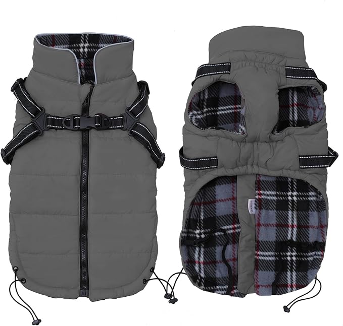 Winter Warm Coat Geyecete Waterproof Dog Winter Jacket with Harness Traction Belt,Pet Outdoor Jacket Autumn and Clothes for Medium, Small Dog-Gray-XS