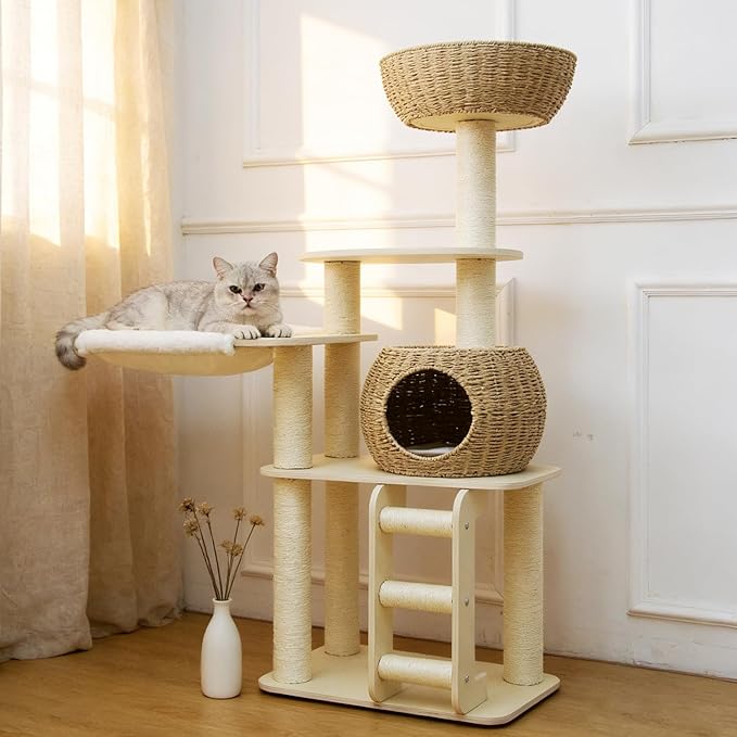 54 Inch Cat Tree for Indoor Cats, Tall Wooden Cat Tower with Scratching Posts, Rattan Condo and Perch, Multi-Level Cat Climber, Stylish Pet Furniture