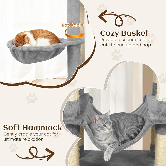 Tangkula 80 Inch Tall Cat Tree, Multi-Level Cat Tower with Sisal Scratching Posts, 2 Condos, Plush Perch, Hammock, Basket, Dangling Toys, Cat Climbing Furniture for Indoor Cats (Light Gray)