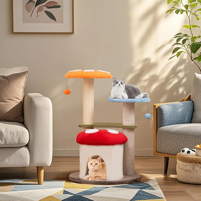 Tangkula Mushroom Cat Tree, 35 Inch Cute Cat Tower with Sisal Scratching Posts, Cat Condo, Padded Platforms, Dangling Balls, Multi-Level Modern Cat Furniture, Activity Center for Indoor Cats & Kittens