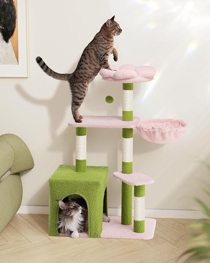Flower Cat Tree for Indoor Cats, 2-Door Large Cat Condo Cave Bed for Big Adult Cats, 41.2'' Cute Cat Tower with Scratching Posts, Cozy Floral Perch and Hammock for Kittens, Green Pink