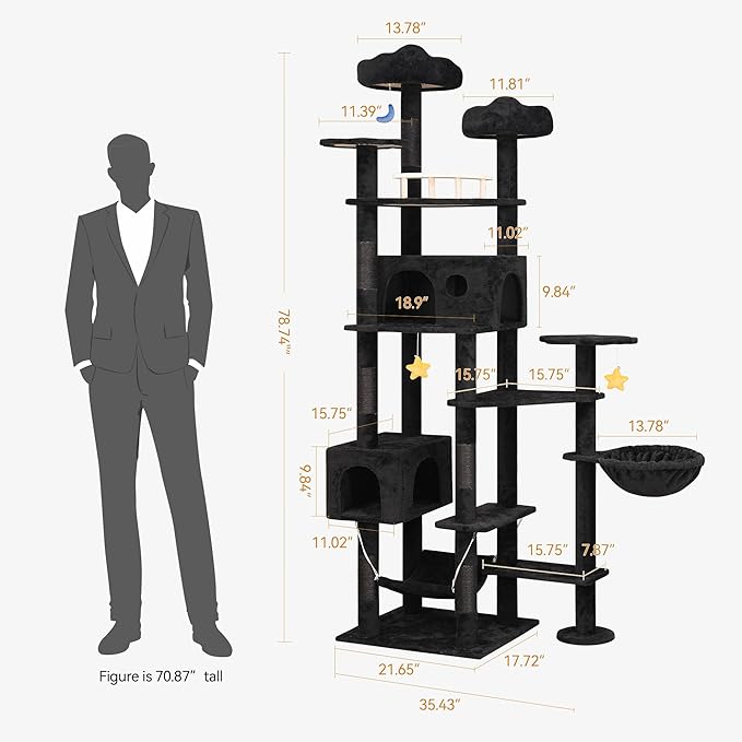 79inch Giant Cat Tree for Heavy Duty Big Cats, Multi-Level Luxury Cat Tower with Scratching Post, Cat Condo with Hammocks & Plush Perches for Indoor Cats Large Adult, Black