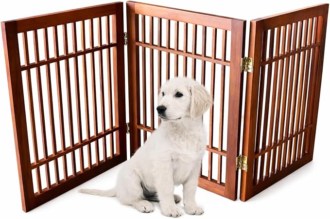 Urnporium Pet Dog Gate Freestanding, Strong Durable Folding Wooden Fence, Portable Acacia Hardwood Safety Barrier for Indoor & Outdoor Use (Brown Pet Gate, 3 Panel 24" Tall)
