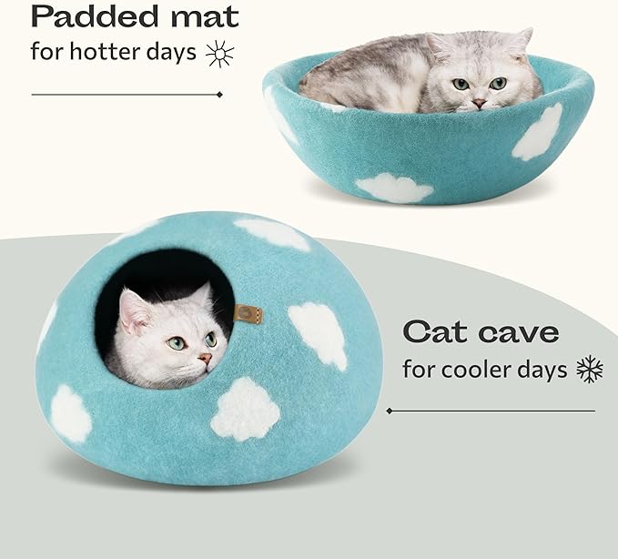 MEOWFIA Cat Cave – Premium Felt Cat Bed for Indoor Cats, Handmade Merino Wool (Cloud Nap Blue, Large)