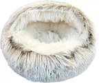 Cat Bed Round Fluffy Hooded Cat Bed Cave, Anti-Anxiety Cave Bed with Hooded Blanket, Cozy Cuddler Luxury Puppy Pet Bed, Anti-Slip Bottom and Machine Washable (Khaki, Medium)