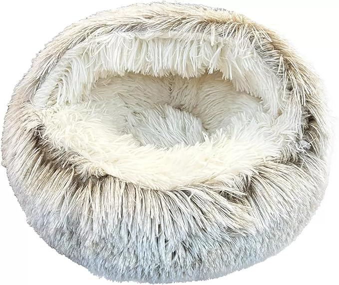 Cat Bed Round Fluffy Hooded Cat Bed Cave, Anti-Anxiety Cave Bed with Hooded Blanket, Cozy Cuddler Luxury Puppy Pet Bed, Anti-Slip Bottom and Machine Washable (Khaki, Medium)