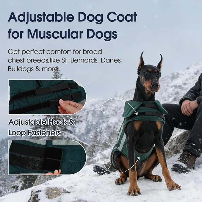 IECOii 4XL Winter Dog Coat - Adjustable Warm Fleece Jacket Reflective Cold Weather Coats Waterproof Dogs Vest for Barrel Chest Giant Breeds, Great Dane, Snow & Rain Walking, Skiing, Green, Sizes XXXXL