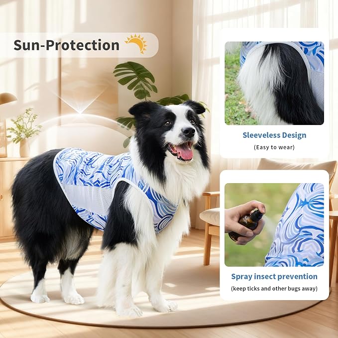 Dog Shirt, Cooling Vest Lightweight Breathable, Dog T-Shirts All-Season Sun Protection Quick Dry Soft Stretchy Reflective Tank Top - Small Medium Large Dogs (Blue Wave, Large)