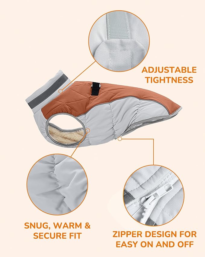 Dog Winter Coat for Large Dogs, Adjustable Puppy Warm Jackets in Cold Weather, Reflective Pet Fleece Vest with External Attachment Points, Zippered Cold-Weather Dog Winter Clothes, L Brown