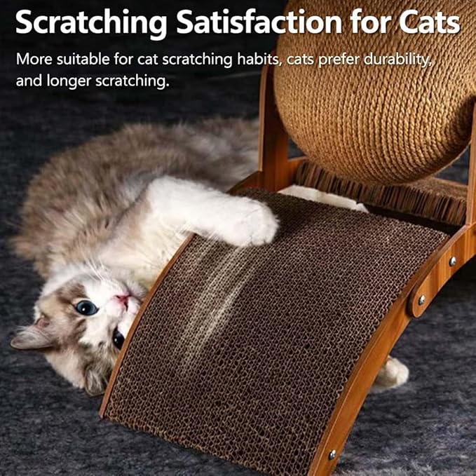 Cat Scratching Ball on Stand, Solid Wood Slanted Cat Scratching Board Design, 2-in-1 Interactive Cat Scratcher Toy with Arch Bridge and 360° Rotating Natural Sisal Ball for Indoor Cat Kittens (S)
