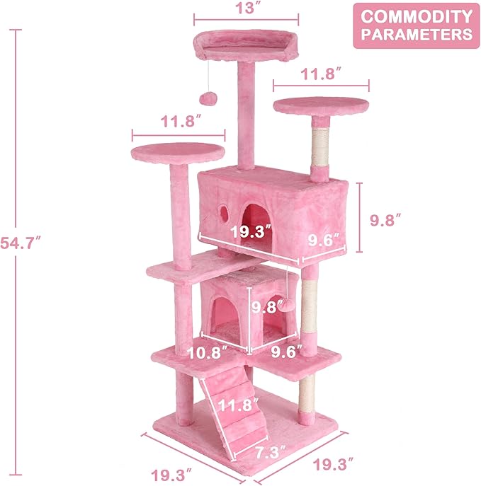 54" Multi-Level Cat Tree Tower with Scratching Posts, Toys & Condo - Space-Saving Design for Indoor Kittens, Compact Floor Footprint & Vertical Space for Multi-Cat Homes-Pink