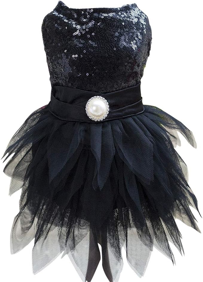 Tangpan Beam Waist Christmas Pet Costume Dog Dance Skirt Satin Camp Party Dress(Black,L)