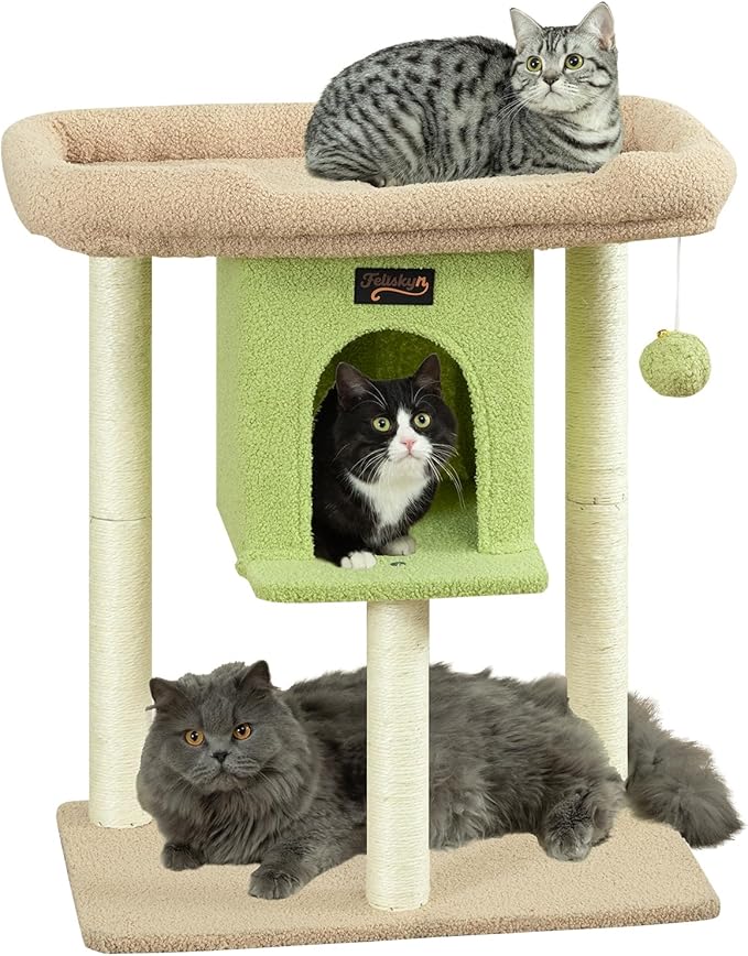 Cat Tree Tower Scratching Post for Indoor Large Cats, Small Cat Tree with Big Perch Bed, 28in Tall Trees House with Condo Cave, Toy Balls, Modern Climbing Furniture Platform for Kitten (Green)