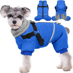 BRKURLEG Blue Dog Winter Coat, Cozy Winter Dog Jackets, Small Dogs Coat with Harness, Onesie Body Warm Puppy Christmas Jacket, Pet Reflective Cold Weather Jackets, Puppy Four-Legged Puffer Coats, S