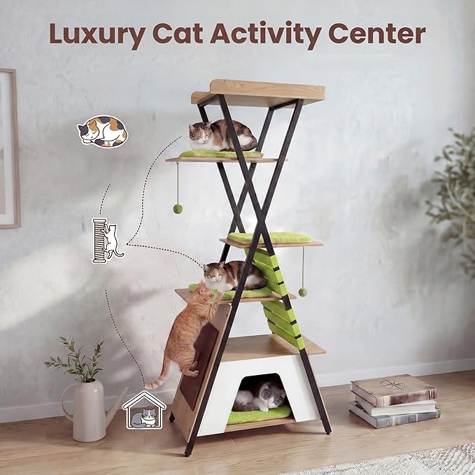 Tangkula 73 Inch Tall Cat Tree, Modern Wood Cat Tower with Scratching Pad, Extra-Large Perch & Removable Washable Mats, 3 Pompoms, Multi-Level Cat Furniture for Indoor Cats Large Adult (Green)