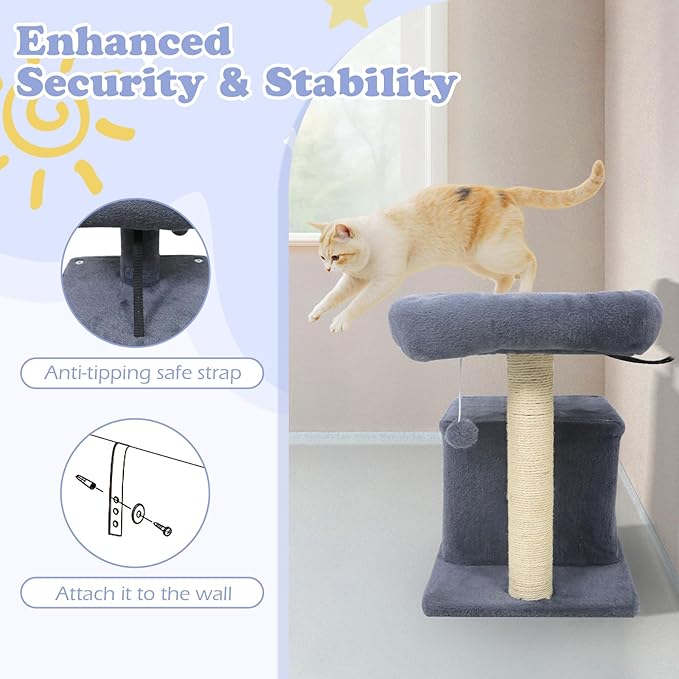 Tangkula Small Cat Tree for Indoor Cats, Cat Tower with Sisal Scratching Posts, Hanging Pompom, Cat Condo with Large Padded Plush Perch for Small Spaces, Kittens (Dark Grey)
