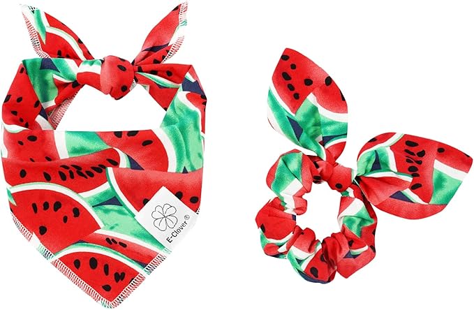 E-Clover Dog Bandanas Summer & Matching Scrunchie Set Dog Bandana Bibs Washable Kerchief Scarf for Small Dogs Puppy & Owner Watermelon