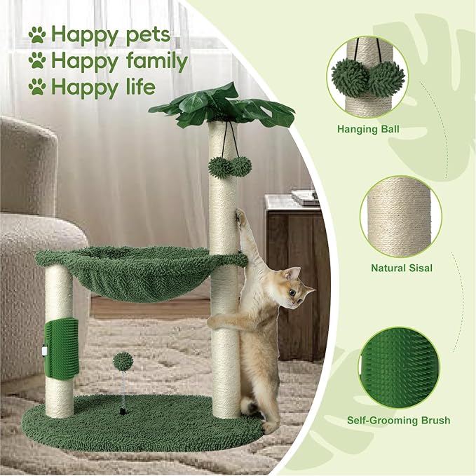 MECOOL Cat Tree Tower 32" Tall Scratching Post with Large Hammcok for Indoor Cats,Self-Massage Bursh Hanging Ball Toys,Monstera Deliciosa Green