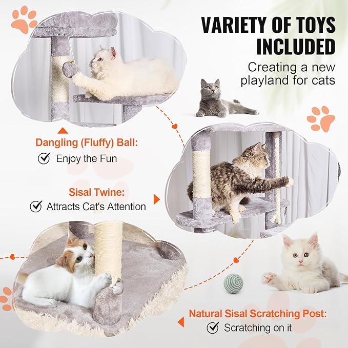 VEVOR Cat Tree for Indoor Cats, 72" Cat Tower with 2 Cat Condos, Sisal Scratching Post, Hammock, Top Perch, Jumping Platforms, Large Cat Furniture Activity Center with Hang Ball, Light Grey