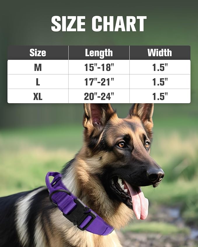Joytale Tactical Dog Collar with Handle and Metal Buckle, Heavy Duty Padded Military Collar with 2 Patches for Training, Adjustable for Large Dogs, Purple, L