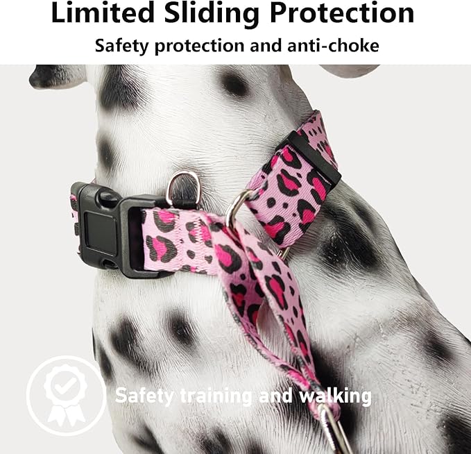 Martingale Collar for Dogs with Buckle No Pull Adjustable Nylon Limited Slip Training Dog Collars (Pink Leopard, Large)