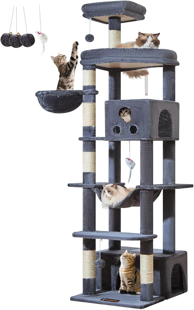 Taoqimiao 79 Inches XXL Cat Tree for Large Cats, for Oversized Cats, Multi-Level Cat Tower, 2 Spacious Cat Condo with 6 Scratching Posts, Hammcock & Cozy Basket, Cat Toys, Smoky Gray, S10G
