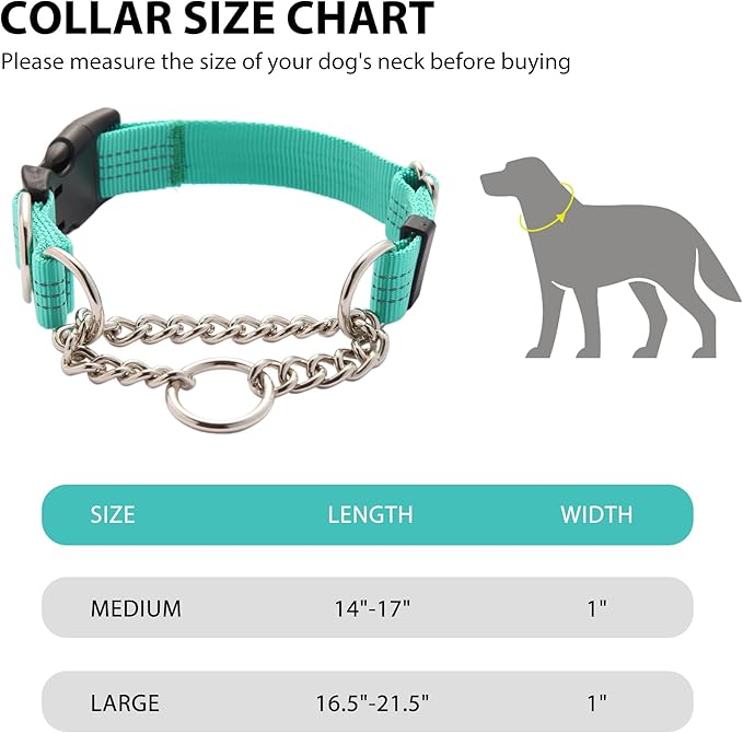 Martingale Dog Collar with Quick Release Buckle Steel Chain No Pull Training Reflective Collar for Medium Large Dogs(Teal, Medium)