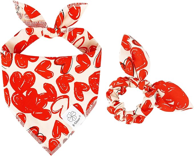 E-Clover Valentine Cute Dog Bandana & Matching Scrunchie-Heart Dog Bandanas Red Pet Scarf Bib for Medium Large Dogs Girl Boy Owner Mothers Day Mom Gift