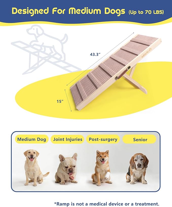 Pink Dog Ramp for Bed & Couch– Adjustable, Anti-Slip Pet Ramp for Small & Medium Breeds, Joint-Friendly Design, Supports Up to 70 lbs