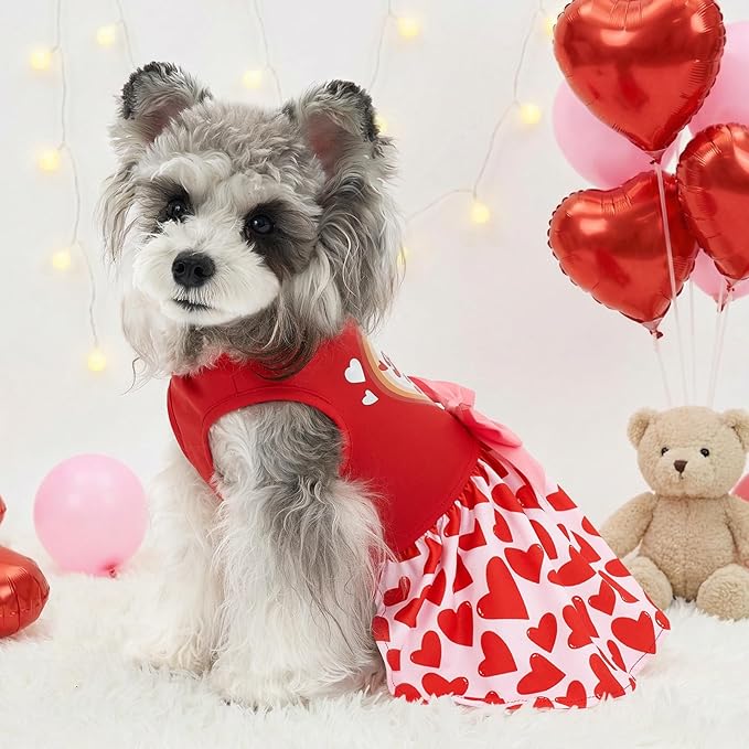 XPUDAC Valentine Dog Dress Heart Print Dog Dress for Small Dogs Girls Holiday Party Tulle Puppy Outfit Cat Apparel-S