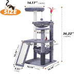 Multi-Level Cat Tree for Indoor Cats, Cat Tree Tower with Big Cat Hammock and Self-Grooming Brush, Cat Tower with Scratch Ladder, Indoor Climbing Activity Tower with Scratching Posts, Grey