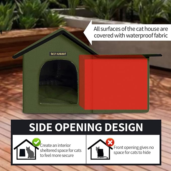 Rest-Eazzzy Cat House for Outdoor Cats, Weatherproof and Insulated Feral Cat House with Mat and Clip, Easy to Put Together, Selfwarming Cat Shelter for Winter(Green, Waterproof House-S)