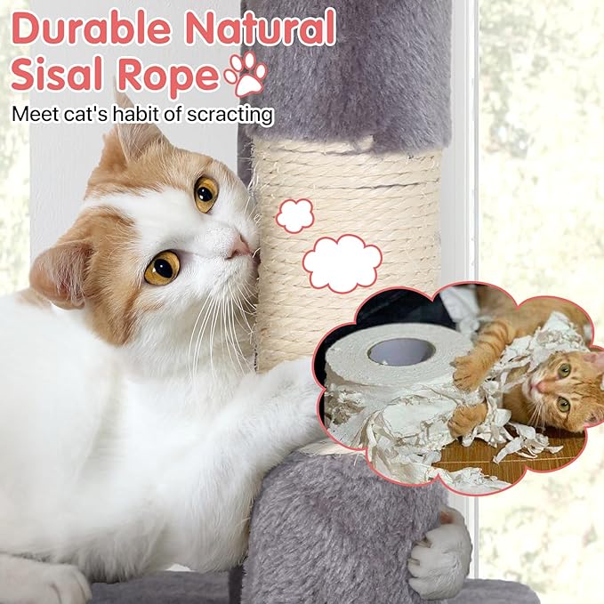 Cat Tree, 36 Inches Indoor Cat Tree Tower Condo, Natural Sisal Cat Scratching Post with Cozy Bed, Small Cats Tree for Kittens, Soft Perch & Cute Toys, Light Gray