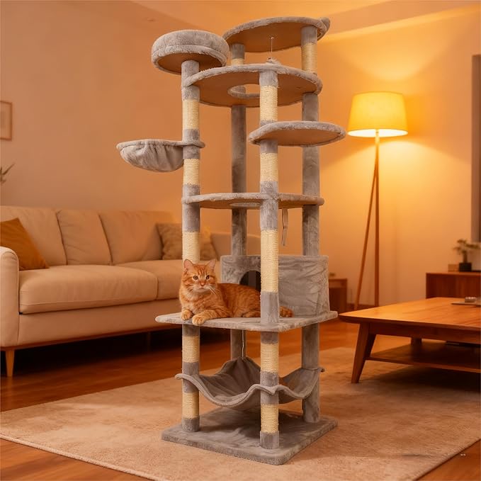 Light Gray 78in Heavy Duty Cat Tree, Cat Tree Tower for Indoor Cats Large Adult, Extra Cat Tower with 12 Sisal Scratching Post, Large Top Platform, Hammock, Cat Condo for Kittens
