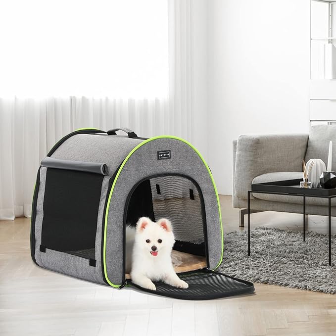 PETSFIT Collapsible Dog Crate, Travel Dog Crate - 19 Inch Lightweight, Roomy, Easy to Set Up, Sturdy Soft Dog Kennel with Thick Mat, Gray