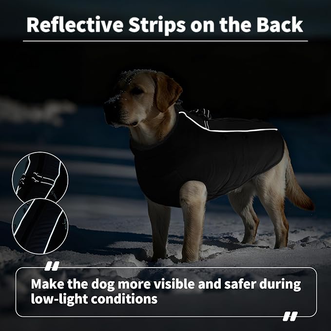 IDOMIK Warm Dog Coat with Harness, Waterproof Reflective Dog Jackets for Small Medium Large Dogs, Fleece High Collar Winter Jacket with Zipper, Pet Winter Snowsuit Clothes for Cold Weather,Black L