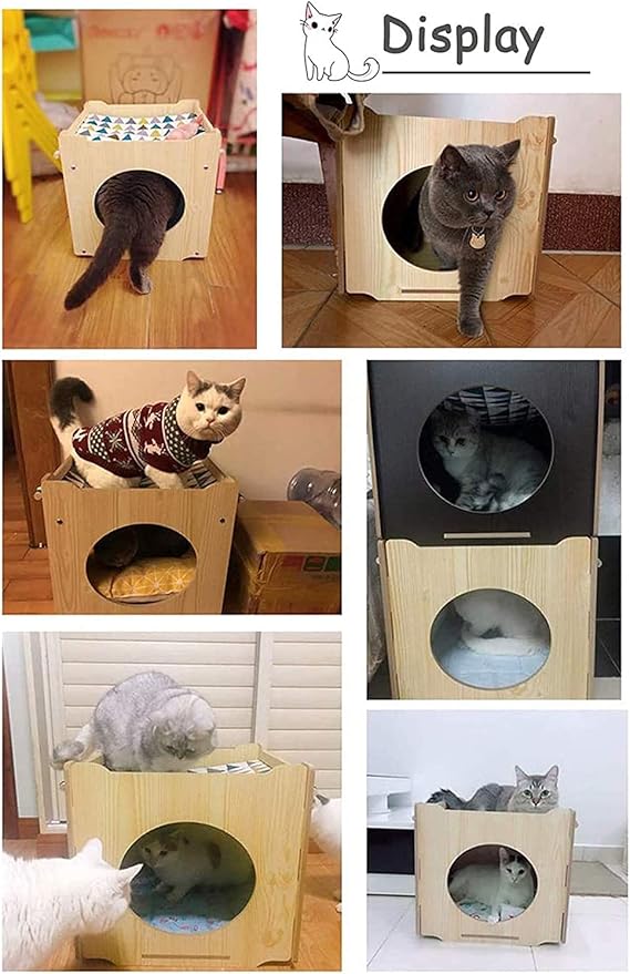 Wooden Cat House Rabbit Hideout with Hammock Stackable Collapsible Cat Kity Cube Room Splicing Bunny Cat Climbing Combination