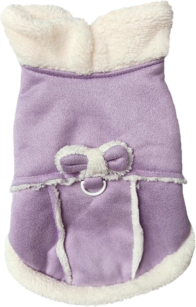 Jecikelon Bowtie Dog Cold Weather Coat Fleece Lining Warm Pet Puppy Turtleneck Dogs Winter Clothes for Small Dogs with D-Ring (Purple, Large)