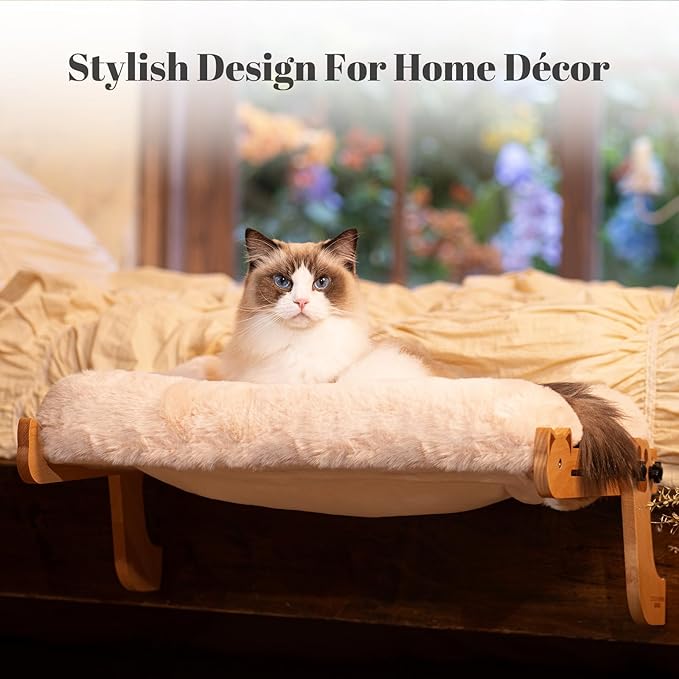 CHEERHOME PETS Cat Window Perch with Washable Bolster, Fluffy Cats Hammock Bed for Window, Adjust Wooden Seat for Kitten Bedside Windowsill, Wooden Cats Furniture(Thickened White)