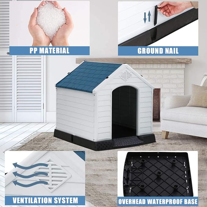 Dog House, Extra Large Dog House for Small Medium Large Dogs, Waterproof Ventilate Plastic Durable Indoor Outdoor Pet Shelter Kennel for Outside with Air Vents and Elevated Floor, Easy to Assemble