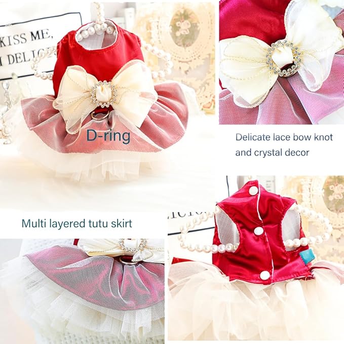 ANIAC Retro Dog Tulle Dress with Leash Ring Spring Summer Girl Puppy Clothes for Small Dog Cat Apparel Formal Pet Prom Dress for Christmas Wedding Birthday Valentines (Red,Large)