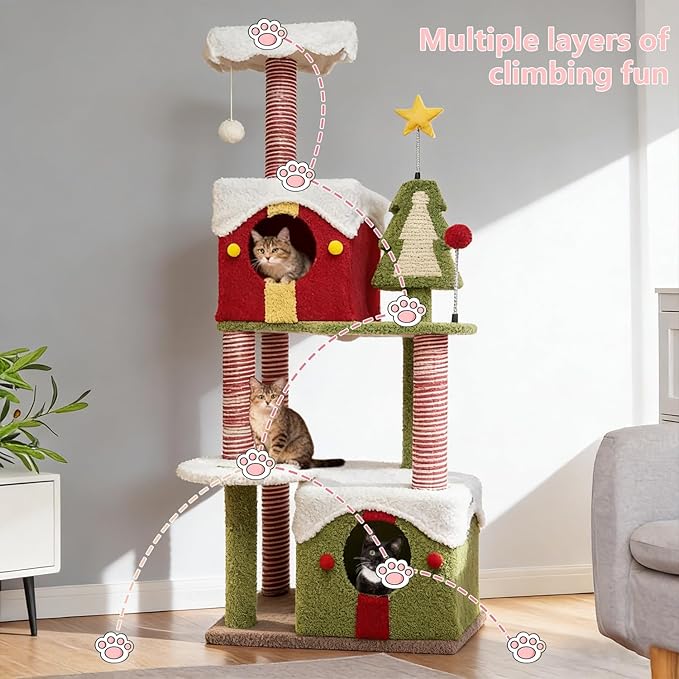Cat Tree Tower with Cozy Condos, Multi-Level Green Cat Tower with Scratching Posts, Cat House Furniture with Snow Roof & Tree Design, Stable Cat Playground for Indoor Cats