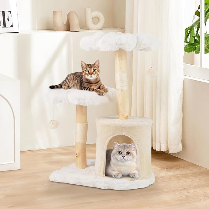 PETSITE 32 Inch Wood Cat Tree, Multi-Level Small Cute Cat Tree with Sisal Scratching Posts, Cat Condo, Soft Long Plush Covered Perches, and Dangling Balls