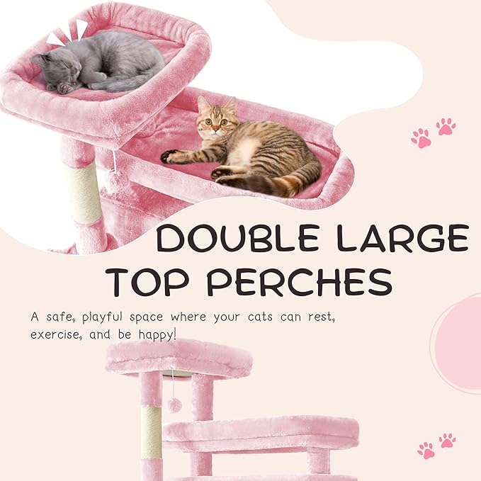 80 Inch Cat Tree,Large Cat Tower with 9 Scratching Posts, 2 Perches, 2 Caves, 2 Basket, 2 Stairs, Extra Large Hammock, Multi-Level Plush Cat Condo for Indoor Cats/Pink