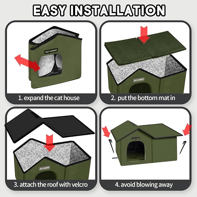 Rest-Eazzzy Cat House for Outdoor Cats, Weatherproof and Insulated Feral Cat House with Mat and Clip, Easy to Put Together, Selfwarming Cat Shelter for Winter(Green, Waterproof House-S)