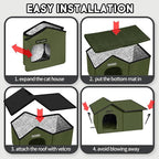Rest-Eazzzy Cat House for Outdoor Cats, Weatherproof and Insulated Feral Cat House with Mat and Clip, Easy to Put Together, Selfwarming Cat Shelter for Winter(Green, Waterproof House-S)
